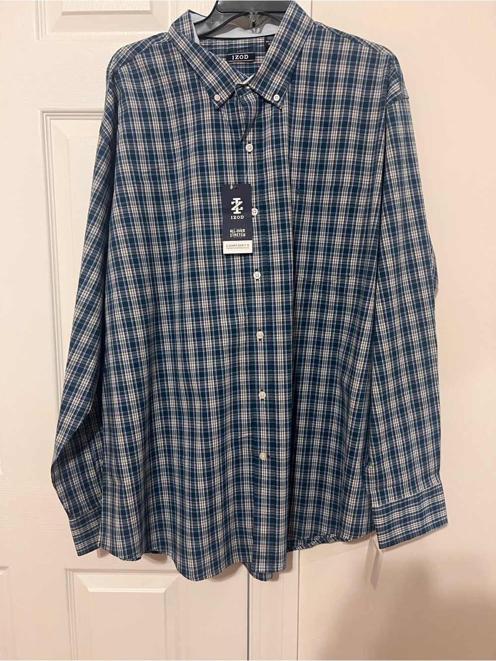 Izod Men’s Teal and White Plaid Button-Down Shirt